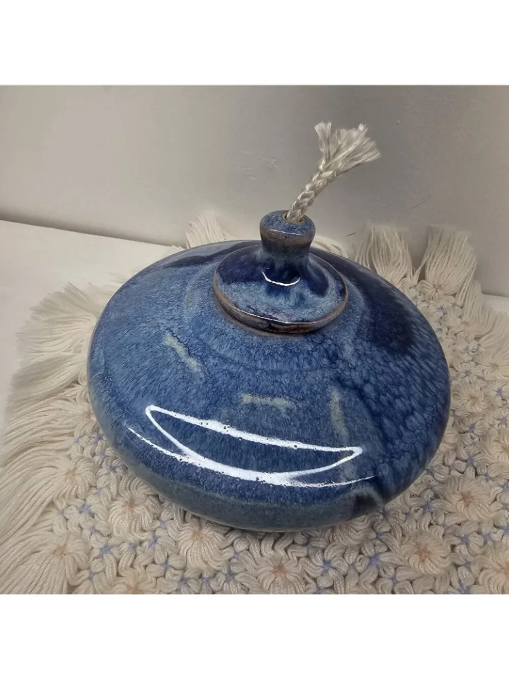 Vintage Studio Art Pottery Oil Lamp Ceramic Blue Drip Glaze Stoneware Unsigned